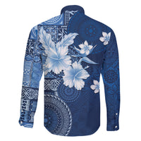 Hawaii Tapa Pattern With Navy Hibiscus Family Matching Off The Shoulder Long Sleeve Dress and Hawaiian Shirt