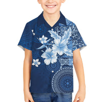 Hawaii Tapa Pattern With Navy Hibiscus Family Matching Off The Shoulder Long Sleeve Dress and Hawaiian Shirt