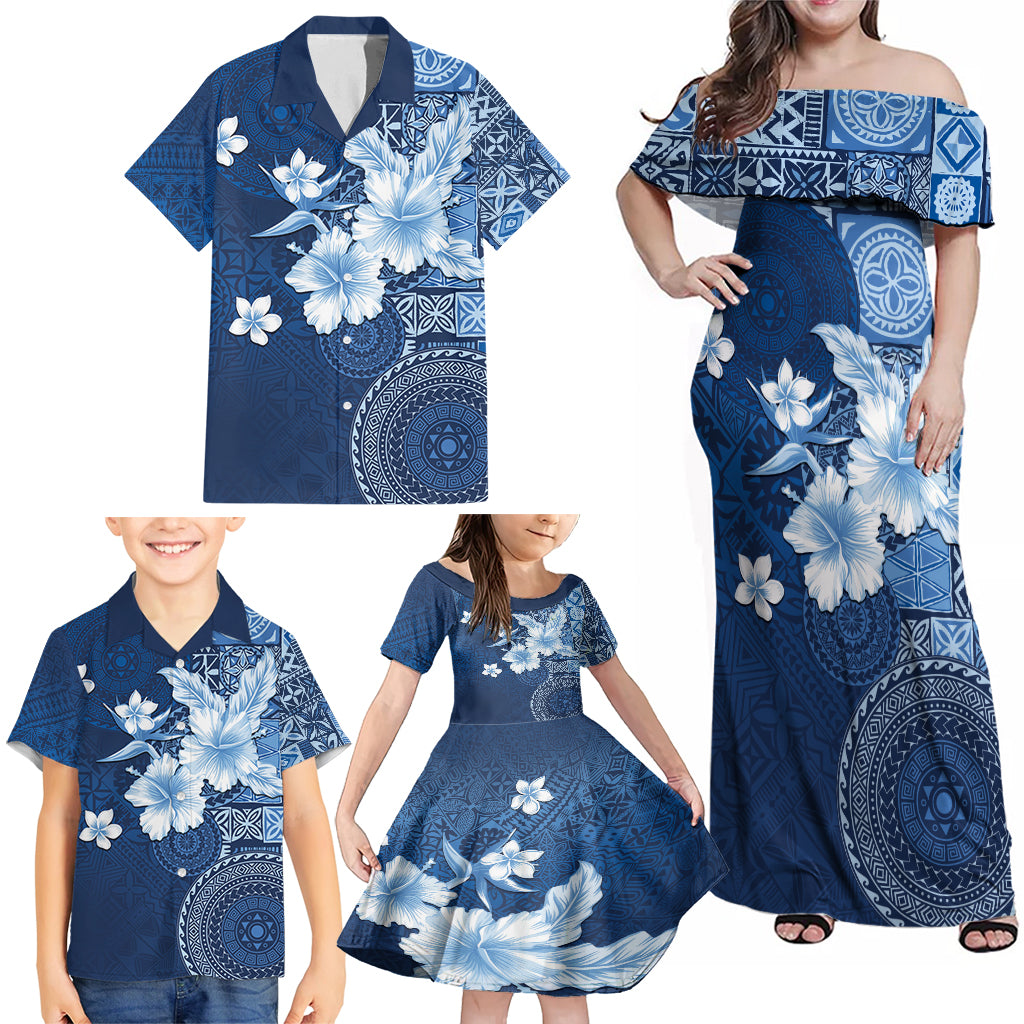 Hawaii Tapa Pattern With Navy Hibiscus Family Matching Off Shoulder Maxi Dress and Hawaiian Shirt LT05 - Polynesian Pride