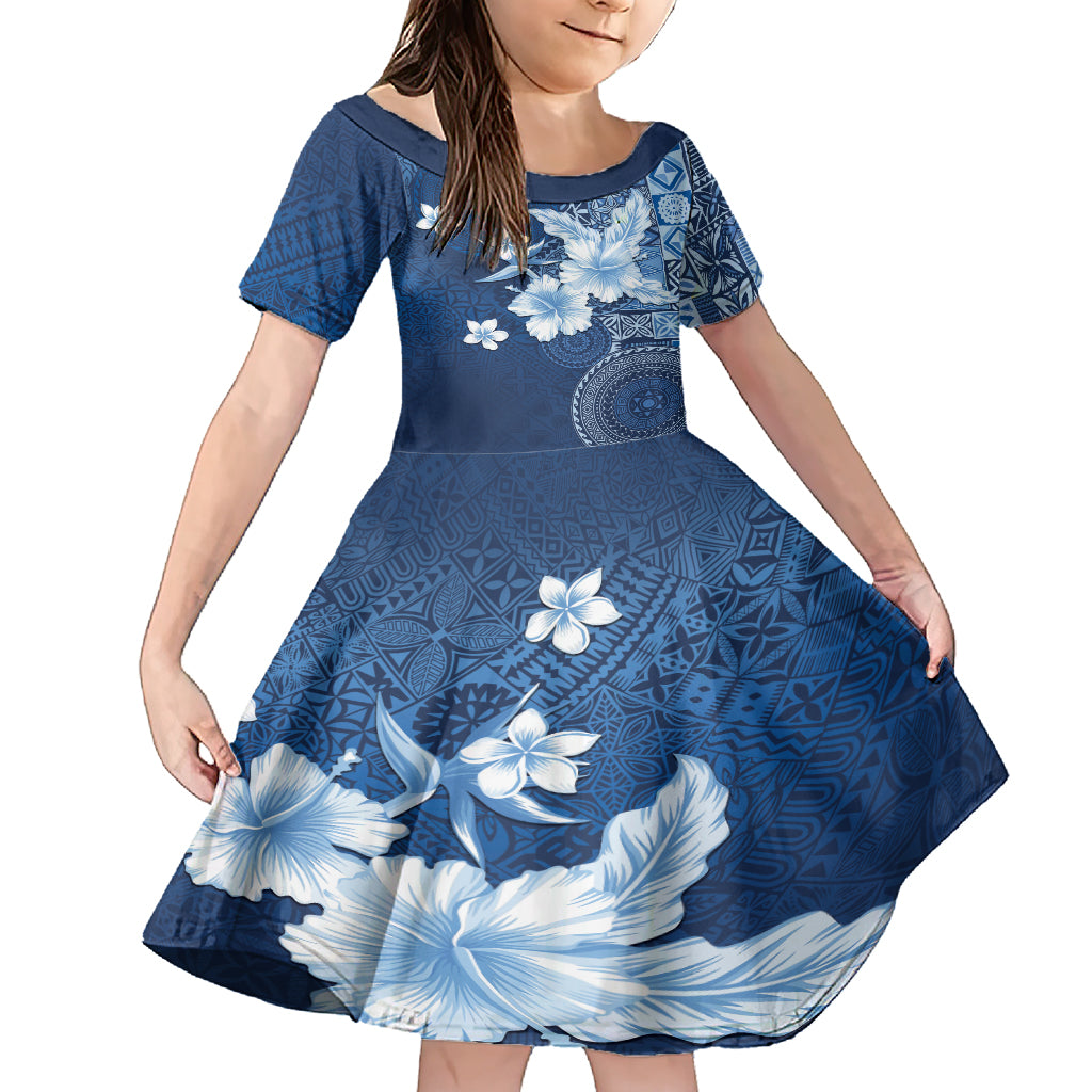 Hawaii Tapa Pattern With Navy Hibiscus Family Matching Short Sleeve Bodycon Dress and Hawaiian Shirt LT05 Daughter's Dress Navy - Polynesian Pride