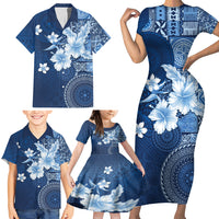 Hawaii Tapa Pattern With Navy Hibiscus Family Matching Short Sleeve Bodycon Dress and Hawaiian Shirt LT05 - Polynesian Pride
