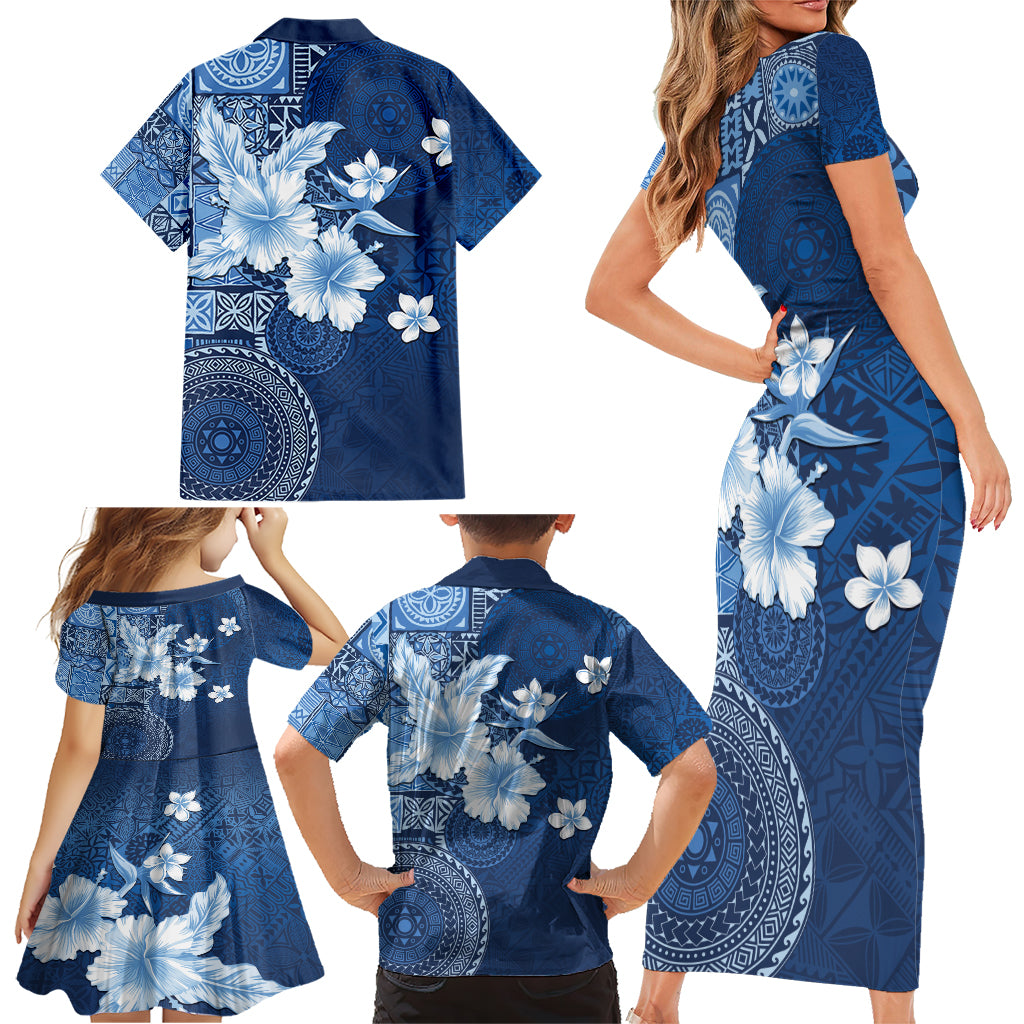 Hawaii Tapa Pattern With Navy Hibiscus Family Matching Short Sleeve Bodycon Dress and Hawaiian Shirt LT05 - Polynesian Pride