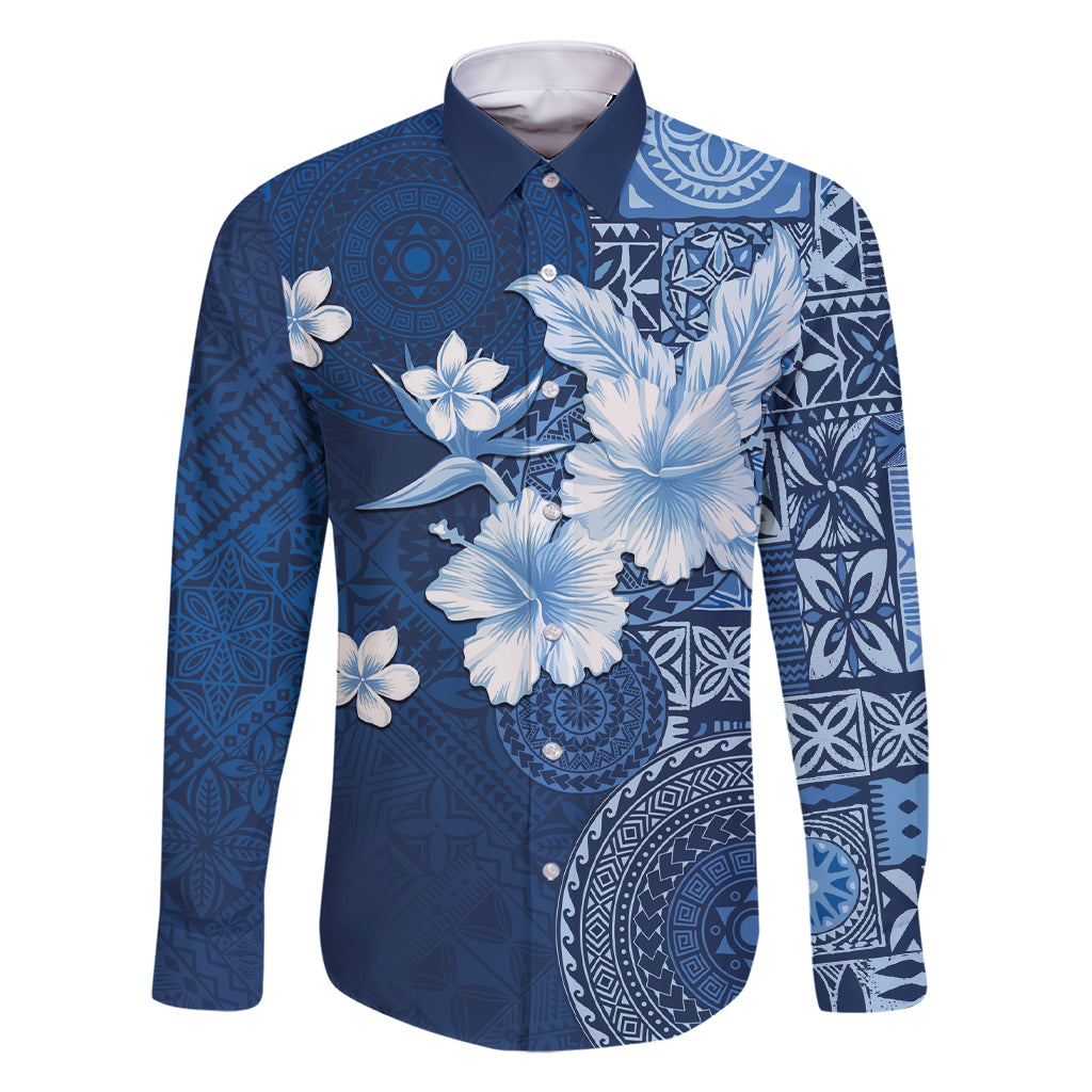 Hawaii Tapa Pattern With Navy Hibiscus Family Matching Short Sleeve Bodycon Dress and Hawaiian Shirt LT05 Dad's Shirt - Long Sleeve Navy - Polynesian Pride
