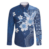 Hawaii Tapa Pattern With Navy Hibiscus Family Matching Short Sleeve Bodycon Dress and Hawaiian Shirt LT05 Dad's Shirt - Long Sleeve Navy - Polynesian Pride
