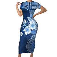 Hawaii Tapa Pattern With Navy Hibiscus Family Matching Short Sleeve Bodycon Dress and Hawaiian Shirt LT05 Mom's Dress Navy - Polynesian Pride