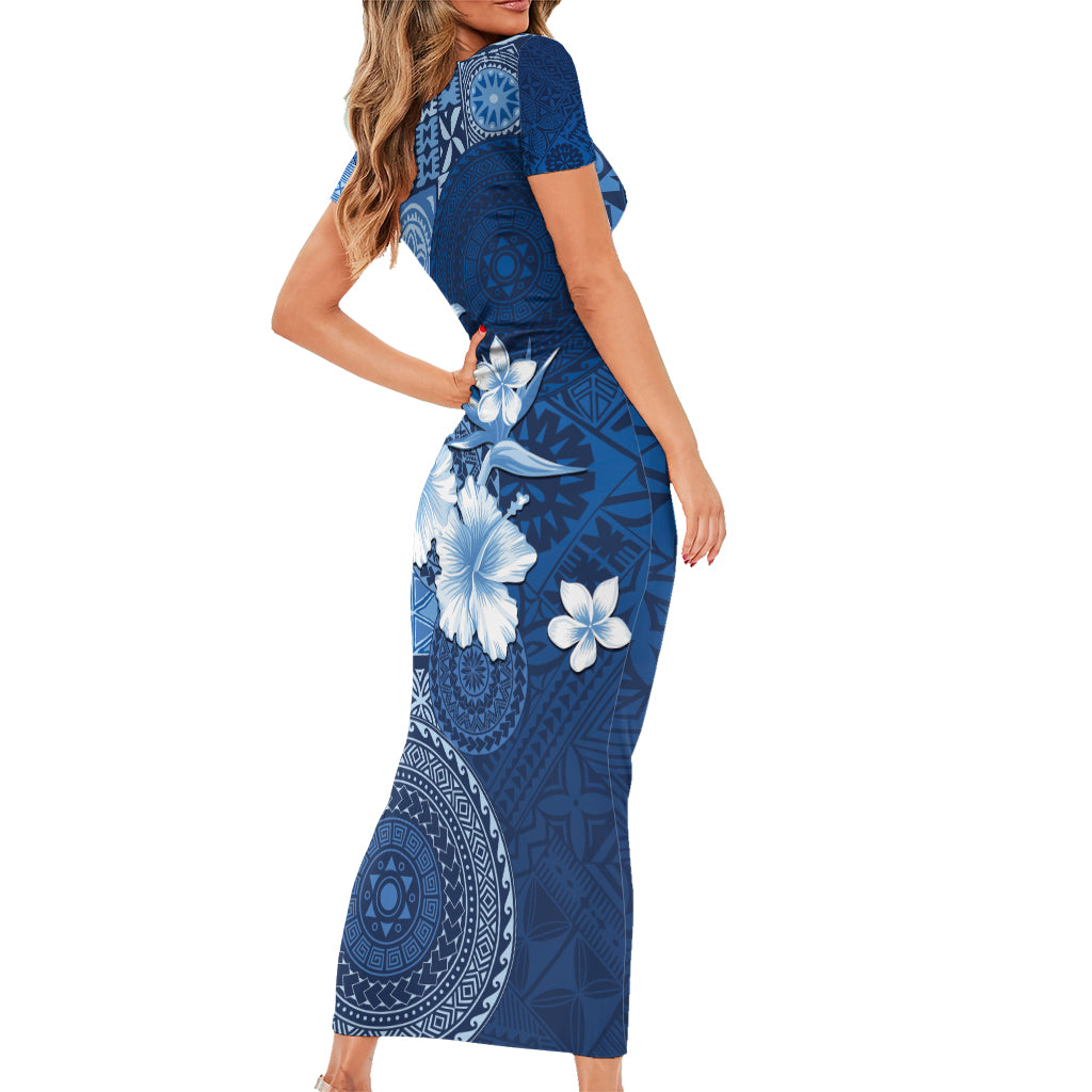 Hawaii Tapa Pattern With Navy Hibiscus Family Matching Short Sleeve Bodycon Dress and Hawaiian Shirt LT05 - Polynesian Pride