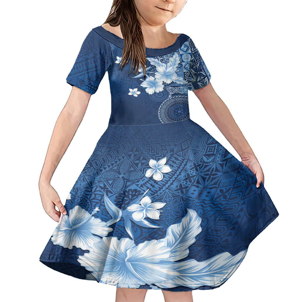 Hawaii Tapa Pattern With Navy Hibiscus Family Matching Summer Maxi Dress and Hawaiian Shirt LT05 Daughter's Dress Navy - Polynesian Pride