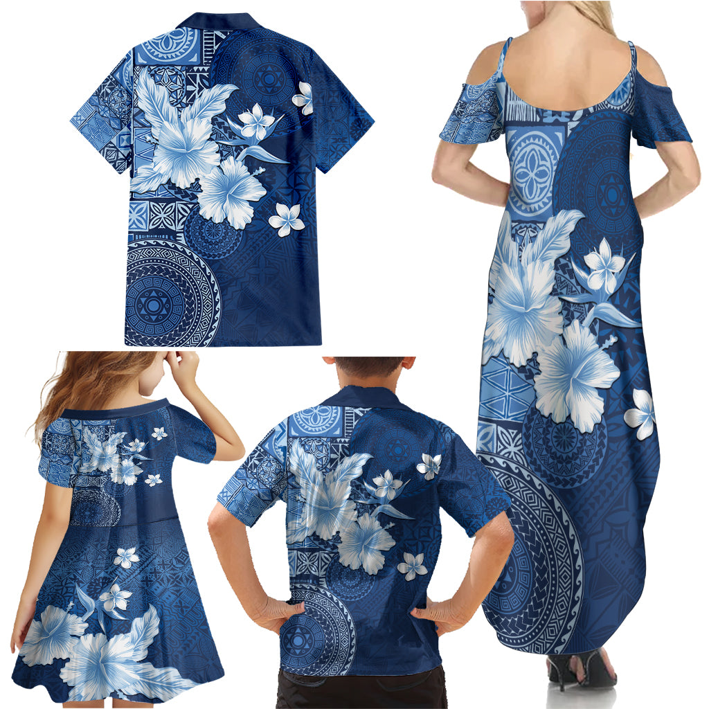 Hawaii Tapa Pattern With Navy Hibiscus Family Matching Summer Maxi Dress and Hawaiian Shirt LT05 - Polynesian Pride