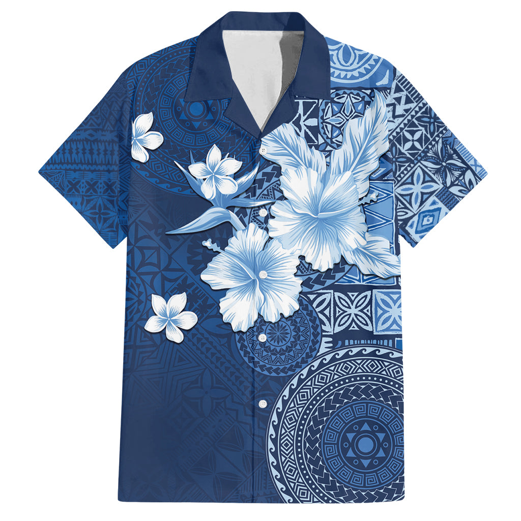Hawaii Tapa Pattern With Navy Hibiscus Family Matching Summer Maxi Dress and Hawaiian Shirt LT05 Dad's Shirt - Short Sleeve Navy - Polynesian Pride
