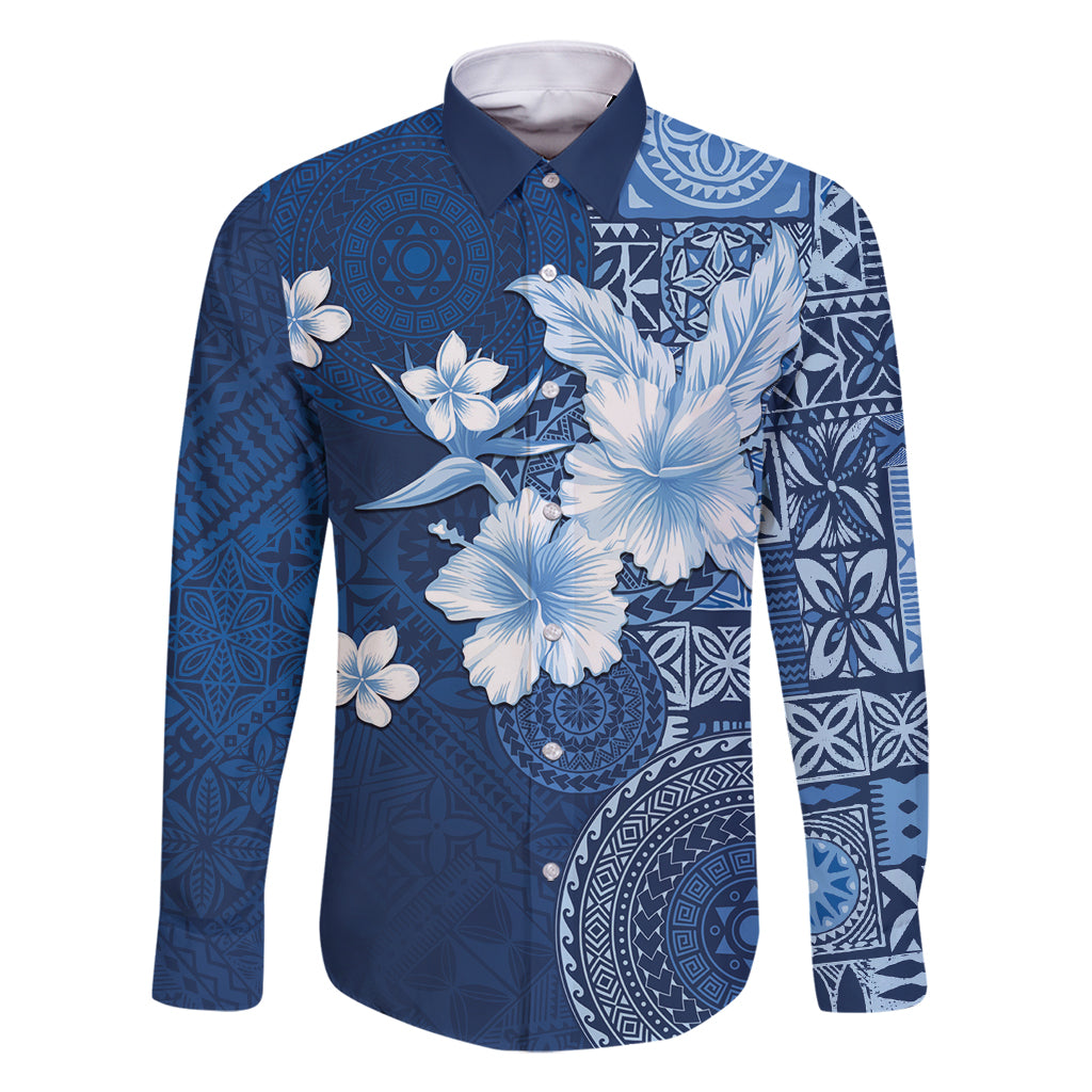 Hawaii Tapa Pattern With Navy Hibiscus Family Matching Summer Maxi Dress and Hawaiian Shirt LT05 Dad's Shirt - Long Sleeve Navy - Polynesian Pride