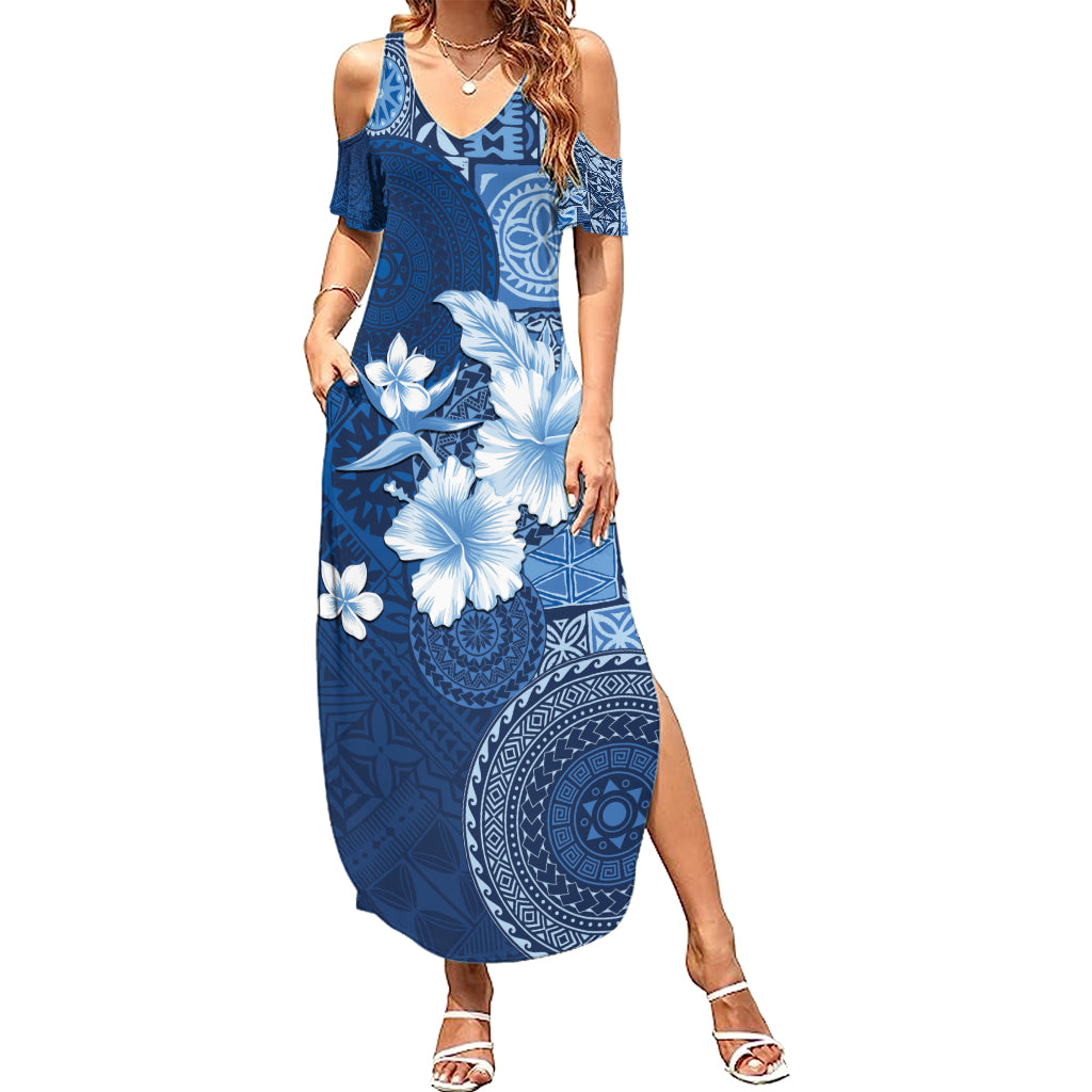 Hawaii Tapa Pattern With Navy Hibiscus Family Matching Summer Maxi Dress and Hawaiian Shirt LT05 Mom's Dress Navy - Polynesian Pride