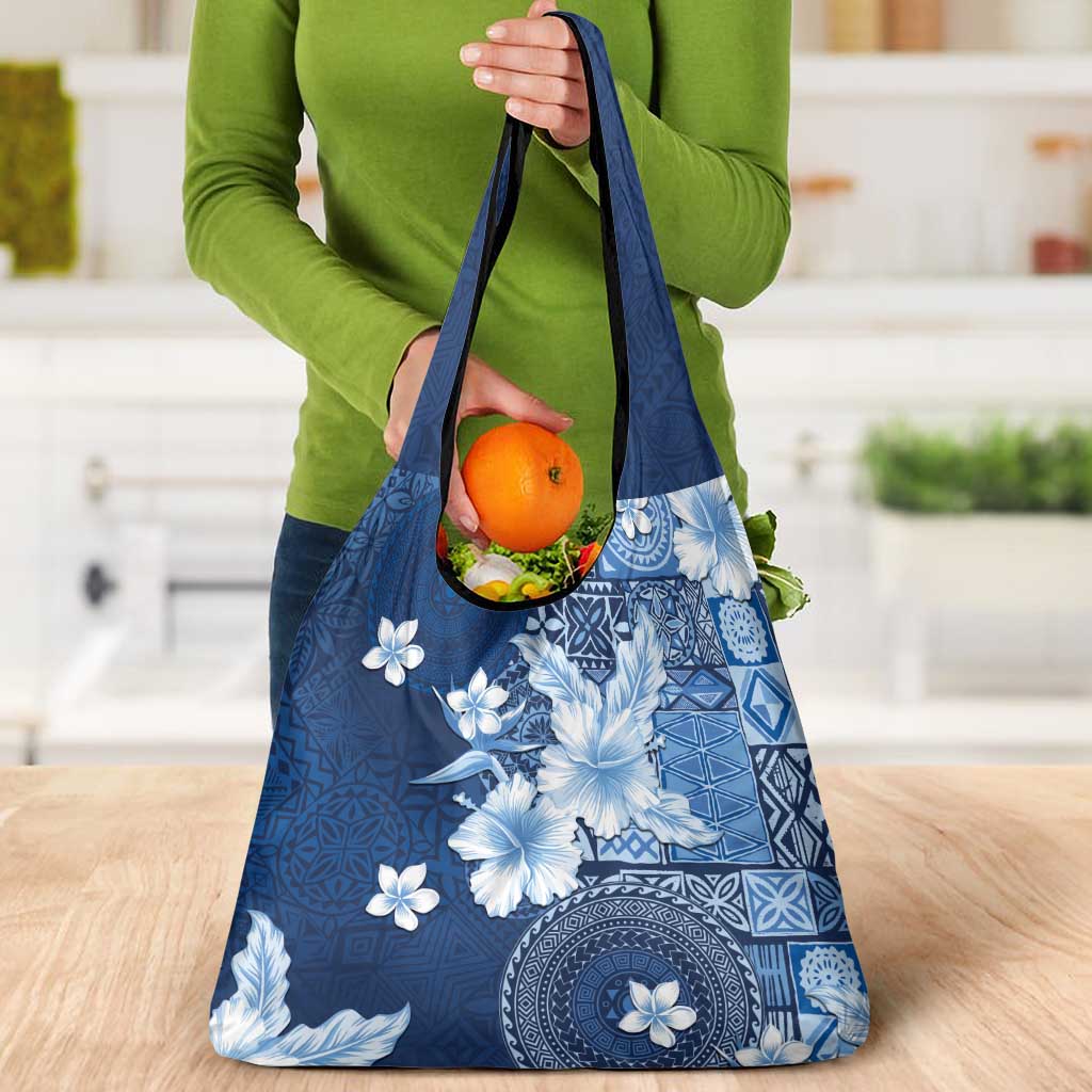 Hawaii Tapa Pattern With Navy Hibiscus Grocery Bag LT05 - Polynesian Pride