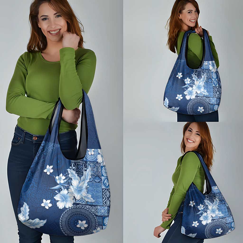 Hawaii Tapa Pattern With Navy Hibiscus Grocery Bag LT05 - Polynesian Pride