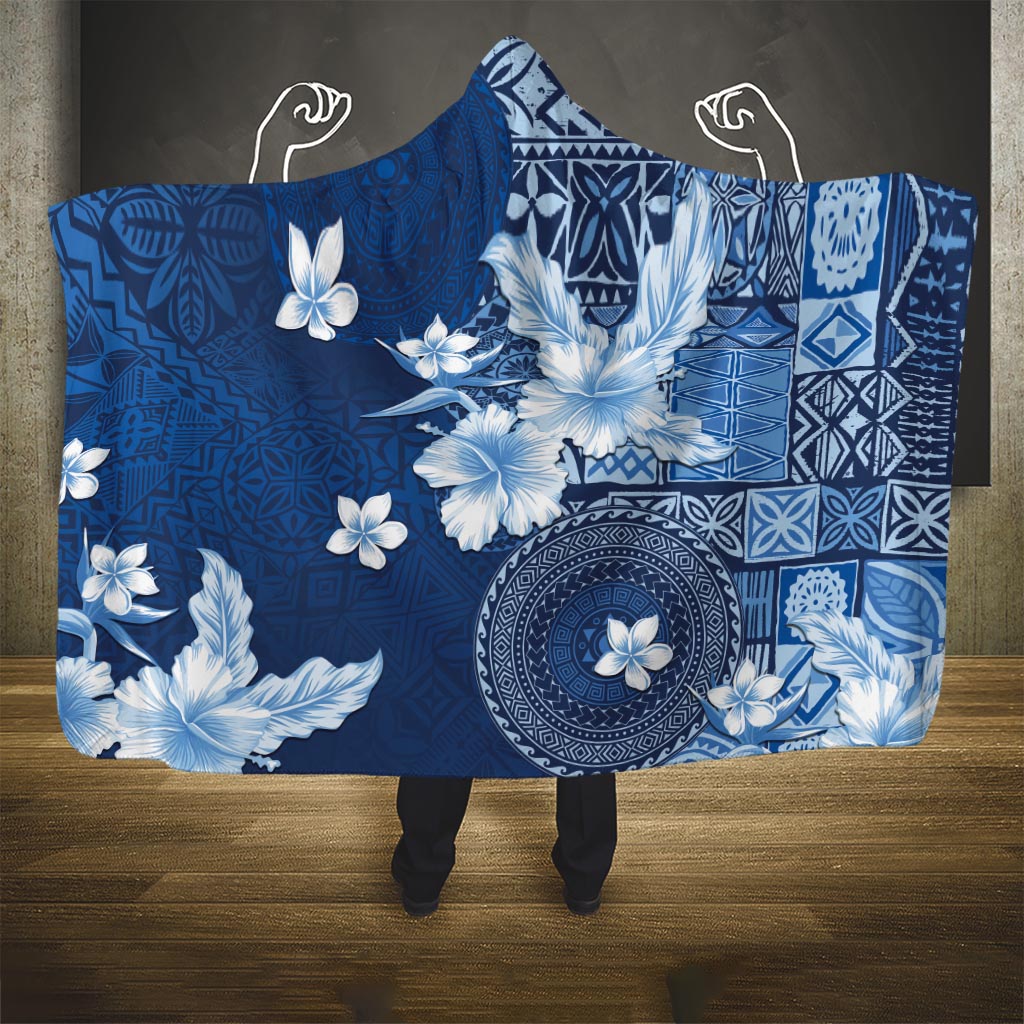 Hawaii Tapa Pattern With Navy Hibiscus Hooded Blanket LT05 One Size Navy - Polynesian Pride