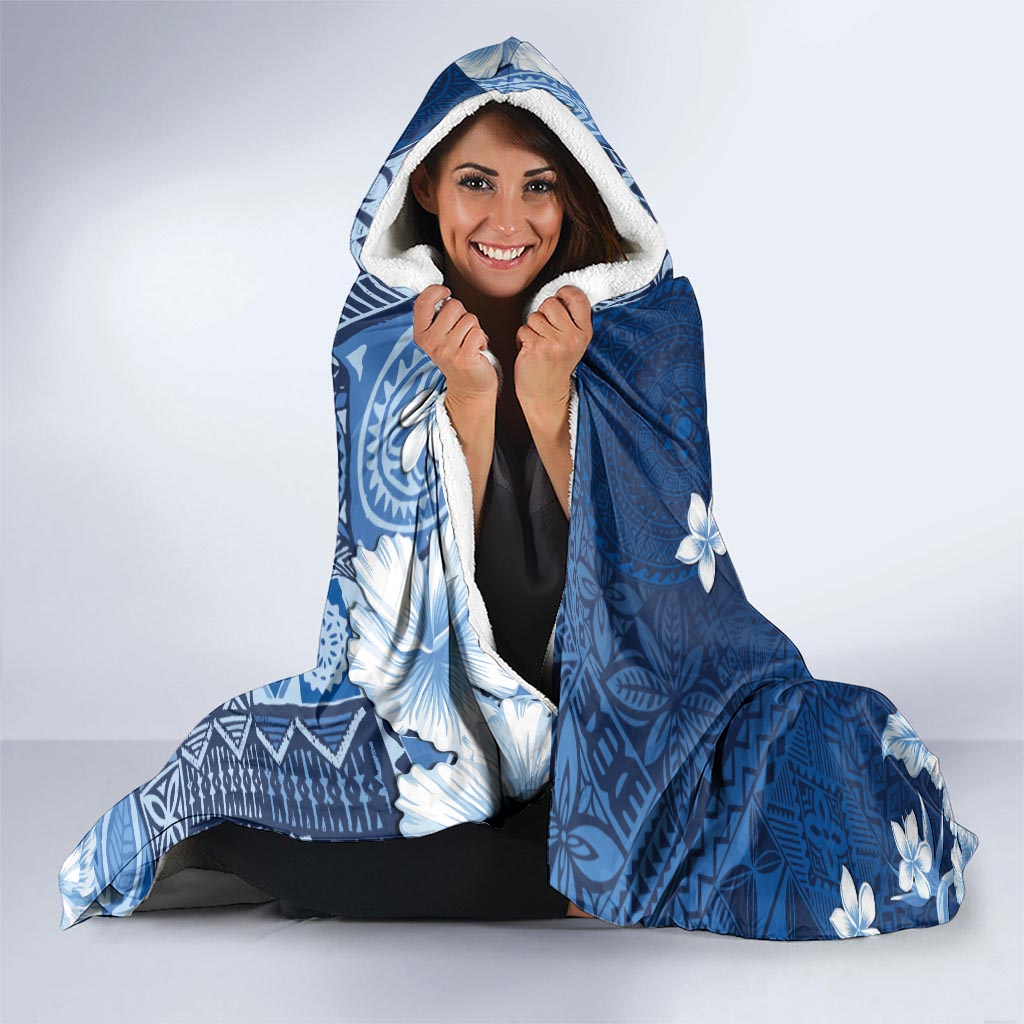 Hawaii Tapa Pattern With Navy Hibiscus Hooded Blanket LT05 - Polynesian Pride