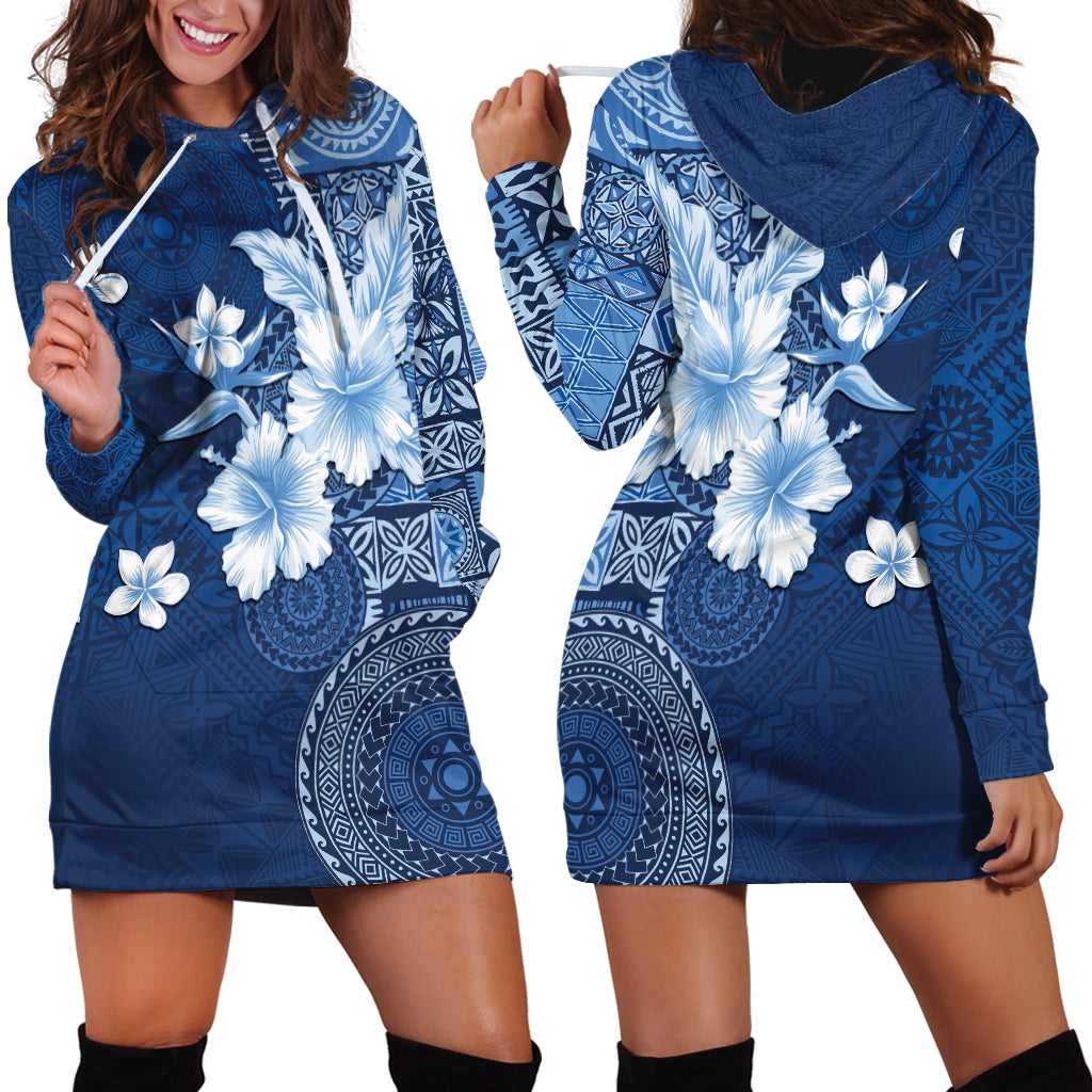 Hawaii Tapa Pattern With Navy Hibiscus Hoodie Dress LT05 - Polynesian Pride