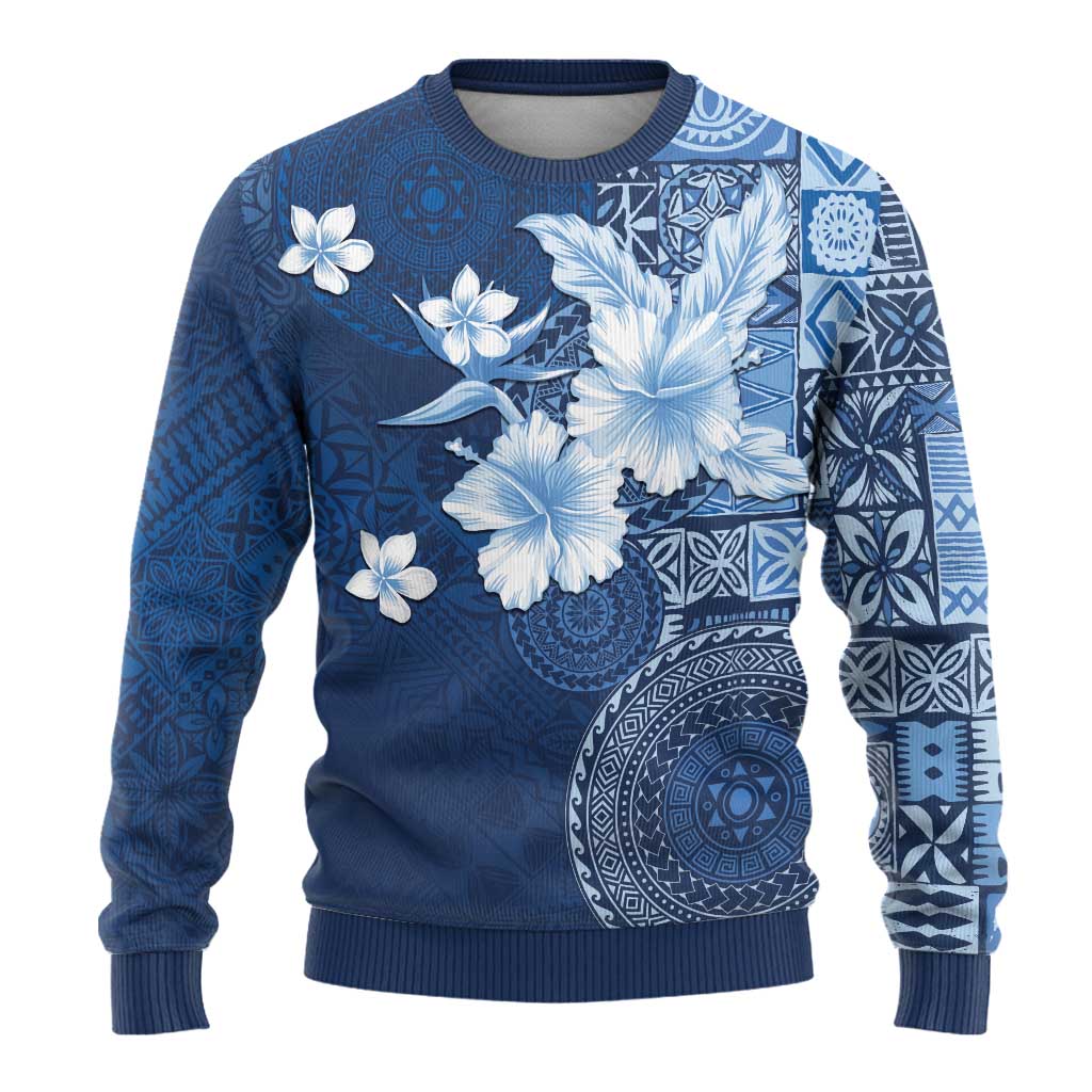 Hawaii Tapa Pattern With Navy Hibiscus Ugly Christmas Sweater