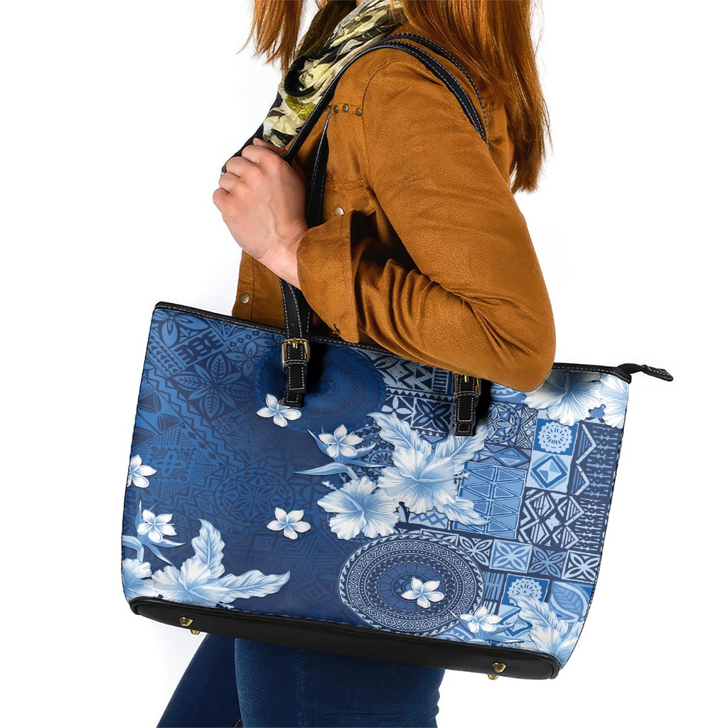 Hawaii Tapa Pattern With Navy Hibiscus Leather Tote Bag LT05 Navy - Polynesian Pride