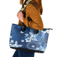 Hawaii Tapa Pattern With Navy Hibiscus Leather Tote Bag LT05 Navy - Polynesian Pride