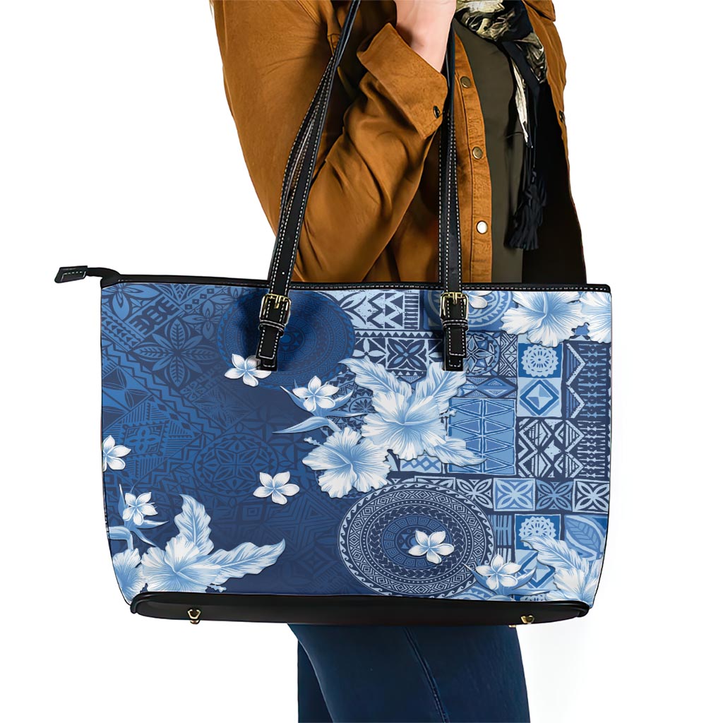 Hawaii Tapa Pattern With Navy Hibiscus Leather Tote Bag LT05 - Polynesian Pride