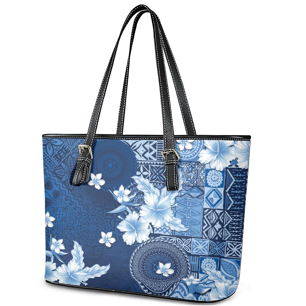 Hawaii Tapa Pattern With Navy Hibiscus Leather Tote Bag LT05 - Polynesian Pride