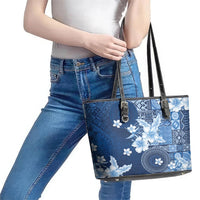 Hawaii Tapa Pattern With Navy Hibiscus Leather Tote Bag LT05 - Polynesian Pride