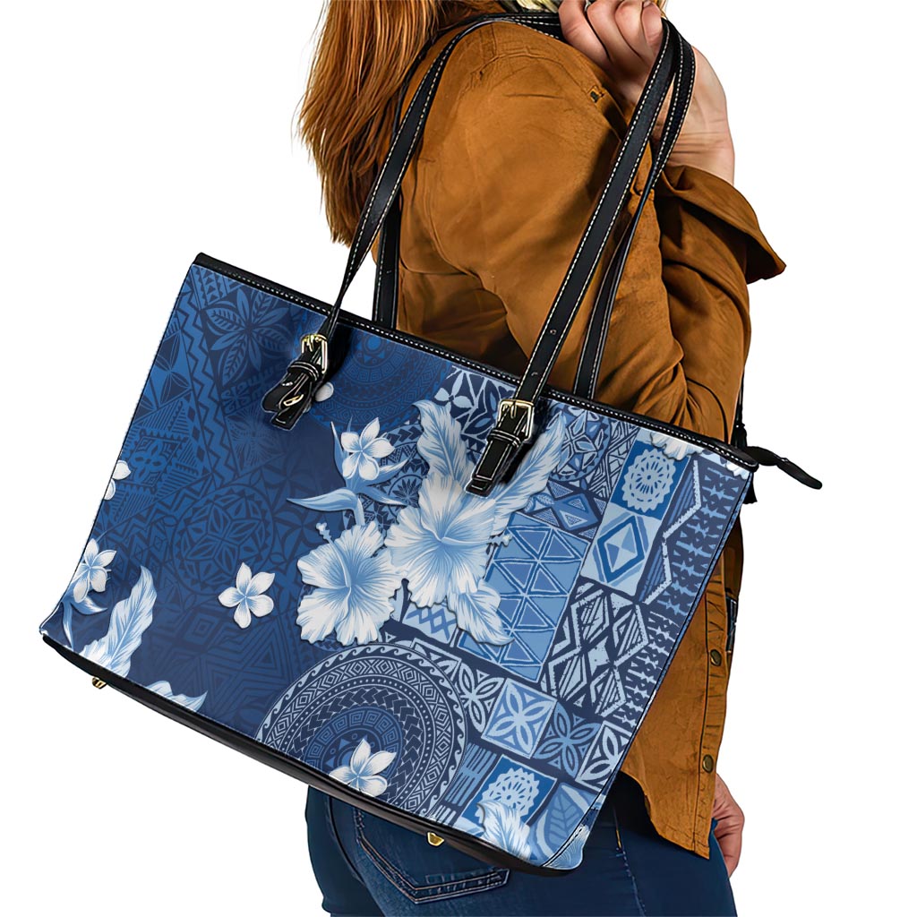 Hawaii Tapa Pattern With Navy Hibiscus Leather Tote Bag LT05 - Polynesian Pride
