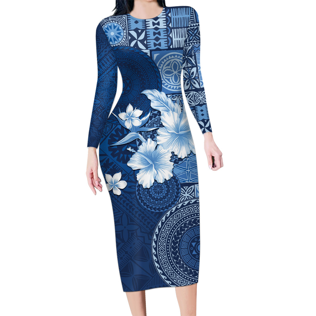 Hawaii Tapa Pattern With Navy Hibiscus Long Sleeve Bodycon Dress