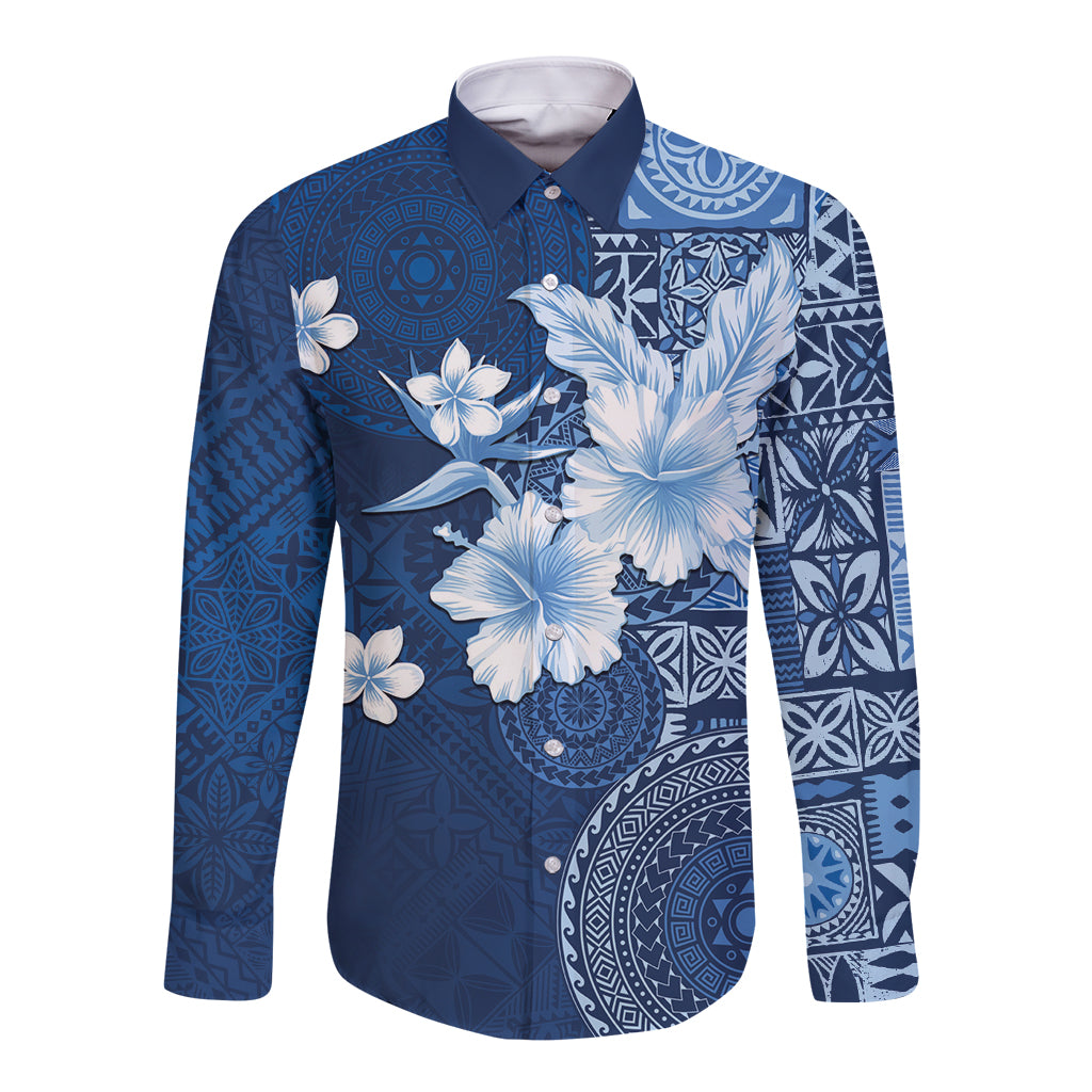 Hawaii Tapa Pattern With Navy Hibiscus Long Sleeve Button Shirt