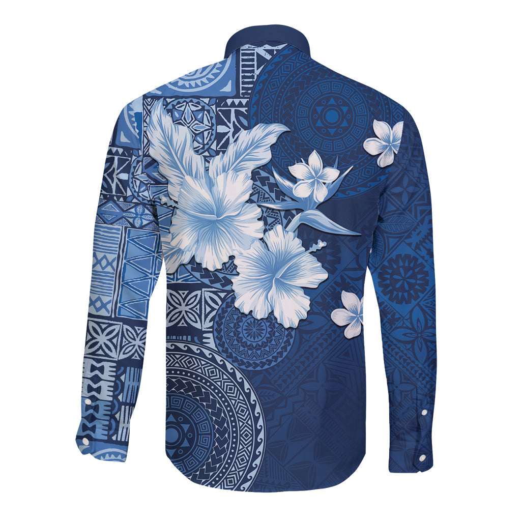 Hawaii Tapa Pattern With Navy Hibiscus Long Sleeve Button Shirt
