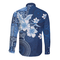 Hawaii Tapa Pattern With Navy Hibiscus Long Sleeve Button Shirt