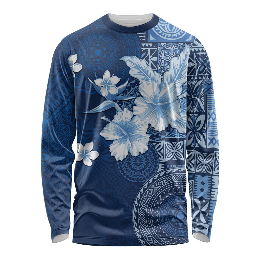 Hawaii Tapa Pattern With Navy Hibiscus Long Sleeve Shirt