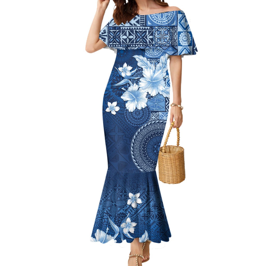 Hawaii Tapa Pattern With Navy Hibiscus Mermaid Dress