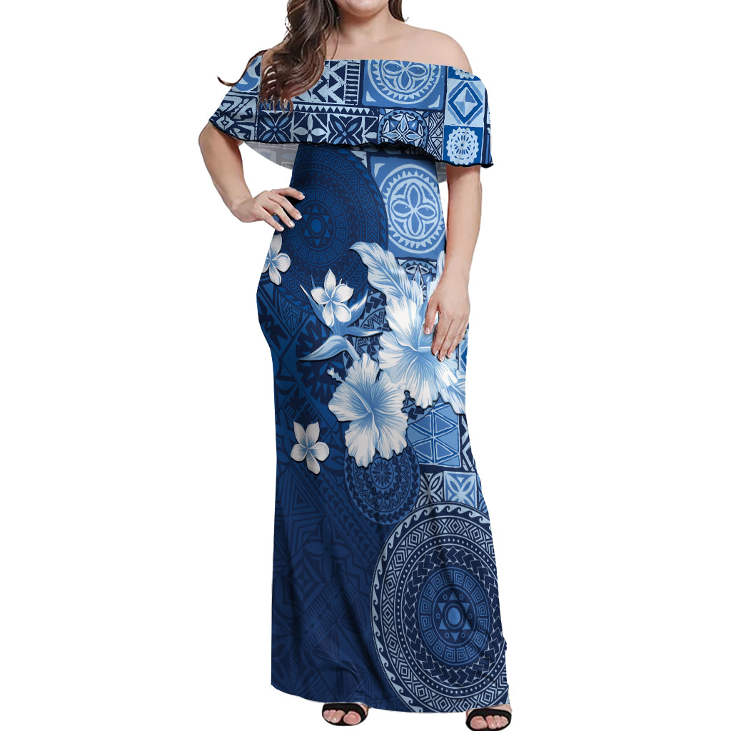 Hawaii Tapa Pattern With Navy Hibiscus Off Shoulder Maxi Dress LT05 Women Navy - Polynesian Pride