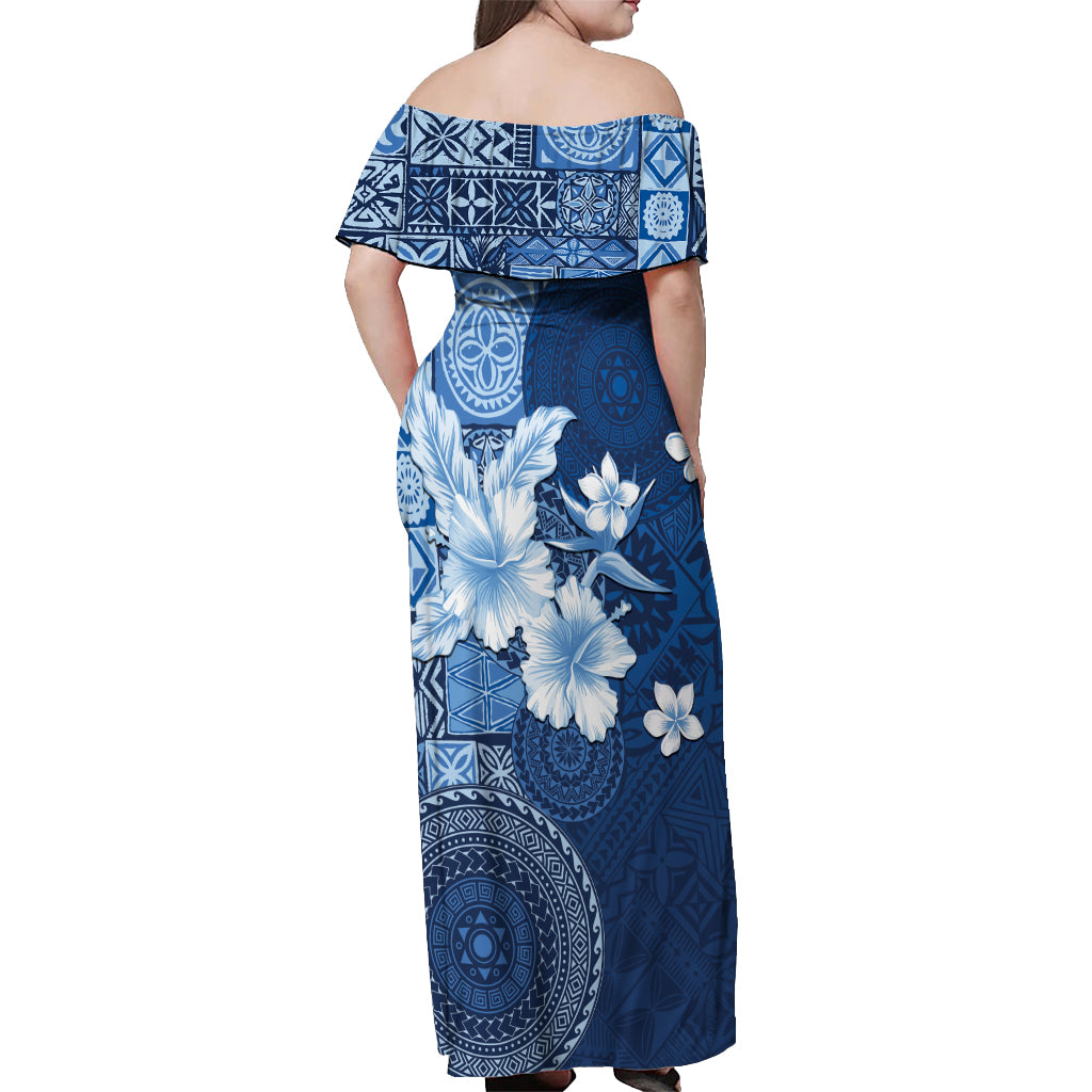 Hawaii Tapa Pattern With Navy Hibiscus Off Shoulder Maxi Dress LT05 - Polynesian Pride