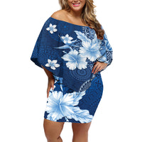 Hawaii Tapa Pattern With Navy Hibiscus Off Shoulder Short Dress LT05 Women Navy - Polynesian Pride