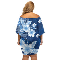 Hawaii Tapa Pattern With Navy Hibiscus Off Shoulder Short Dress LT05 - Polynesian Pride