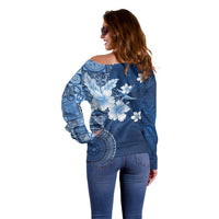 Hawaii Tapa Pattern With Navy Hibiscus Off Shoulder Sweater