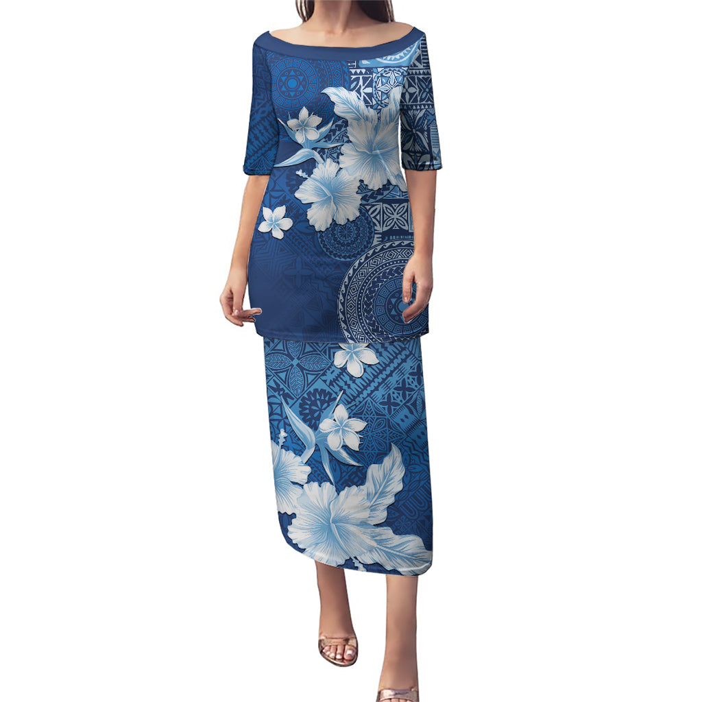 Hawaii Tapa Pattern With Navy Hibiscus Puletasi LT05 Long Dress Navy - Polynesian Pride