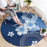 Hawaii Tapa Pattern With Navy Hibiscus Round Carpet