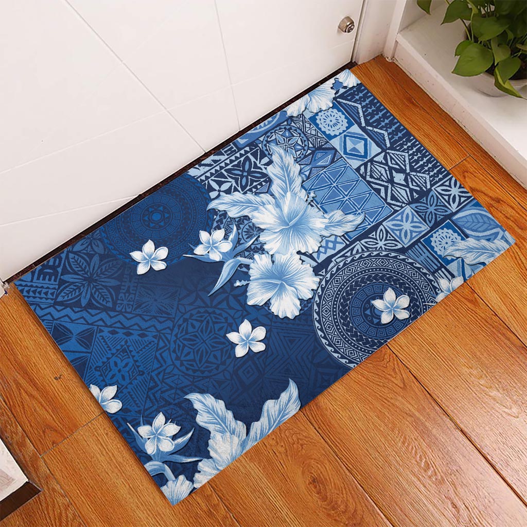 Hawaii Tapa Pattern With Navy Hibiscus Rubber Doormat LT05 Navy - Polynesian Pride