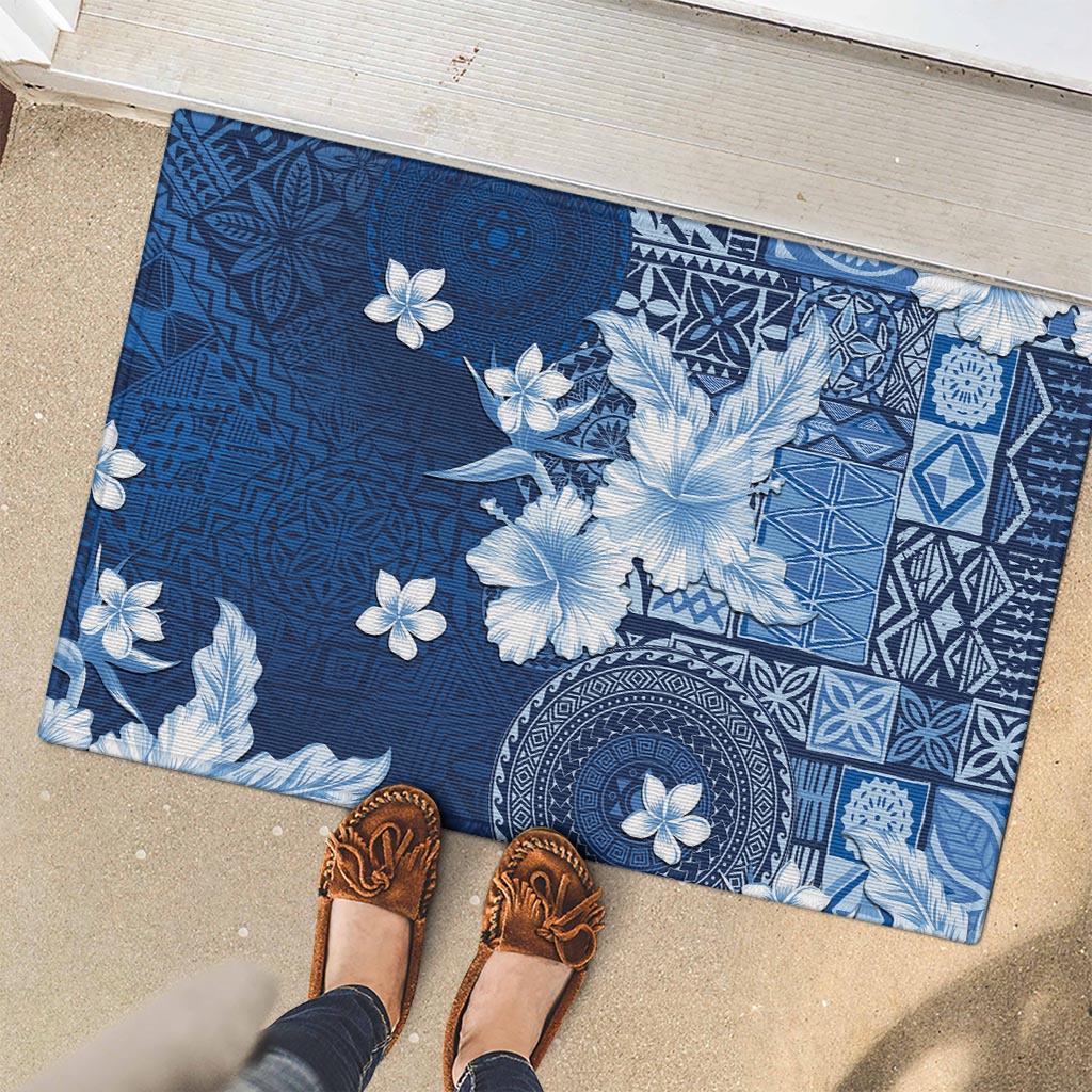 Hawaii Tapa Pattern With Navy Hibiscus Rubber Doormat LT05 - Polynesian Pride