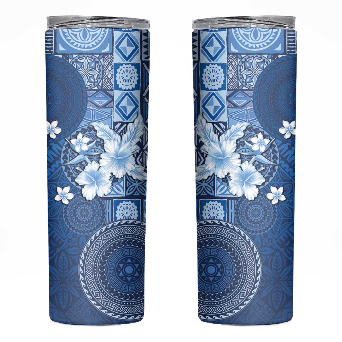 Hawaii Tapa Pattern With Navy Hibiscus Skinny Tumbler