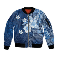 Hawaii Tapa Pattern With Navy Hibiscus Sleeve Zip Bomber Jacket LT05 Unisex Navy - Polynesian Pride