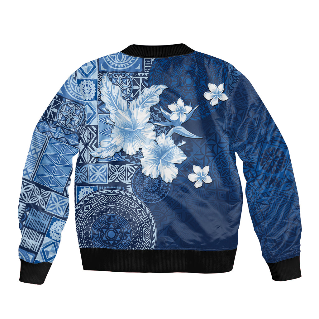 Hawaii Tapa Pattern With Navy Hibiscus Sleeve Zip Bomber Jacket LT05 - Polynesian Pride