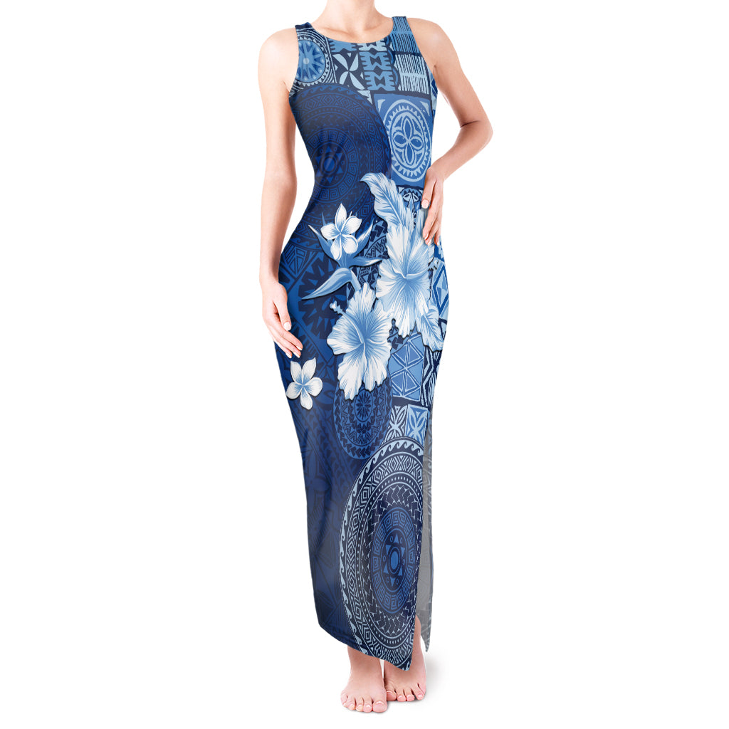 Hawaii Tapa Pattern With Navy Hibiscus Tank Maxi Dress