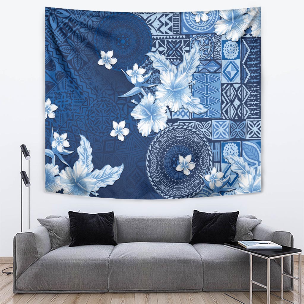 Hawaii Tapa Pattern With Navy Hibiscus Tapestry