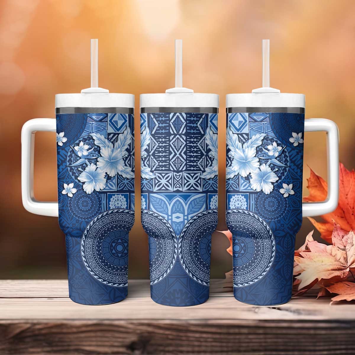 Hawaii Tapa Pattern With Navy Hibiscus Tumbler With Handle