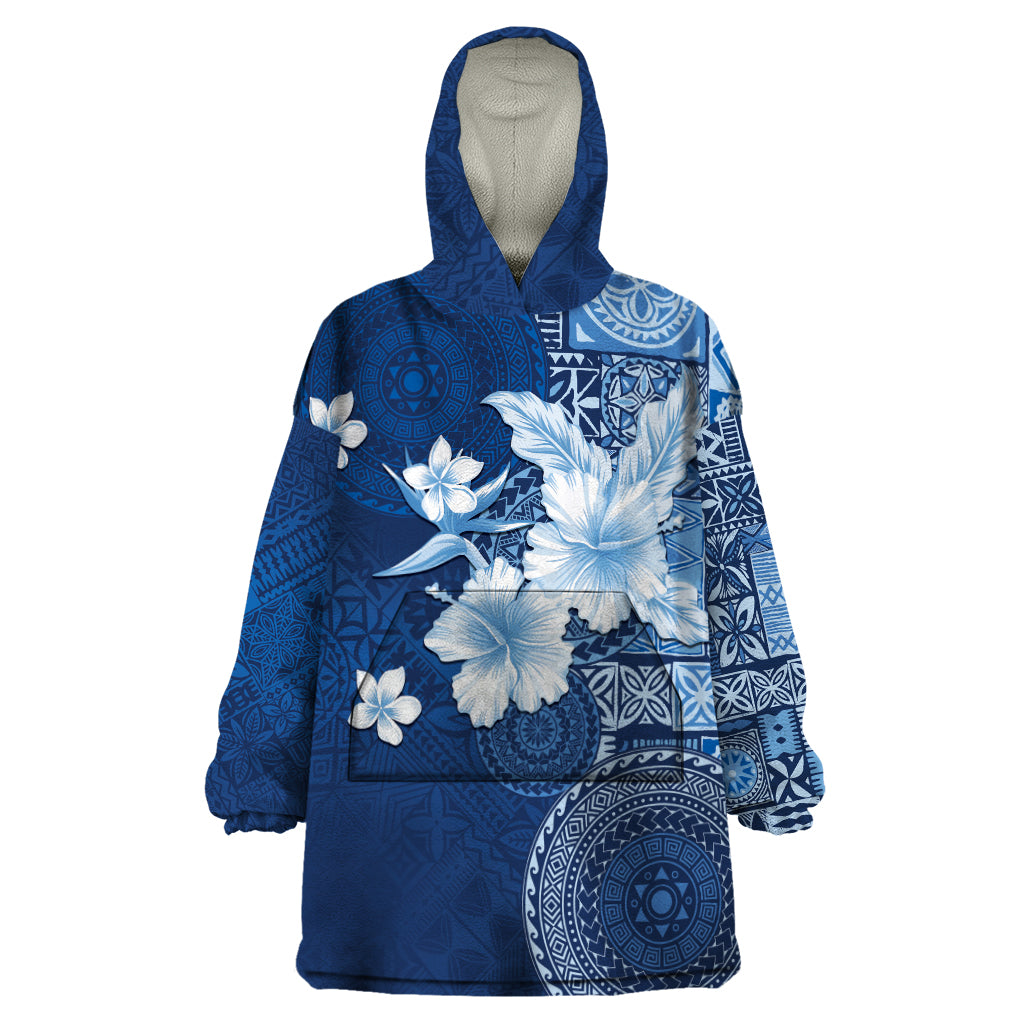 Hawaii Tapa Pattern With Navy Hibiscus Wearable Blanket Hoodie