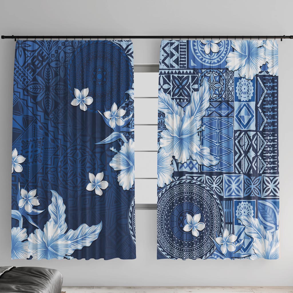Hawaii Tapa Pattern With Navy Hibiscus Window Curtain LT05 With Hooks Navy - Polynesian Pride